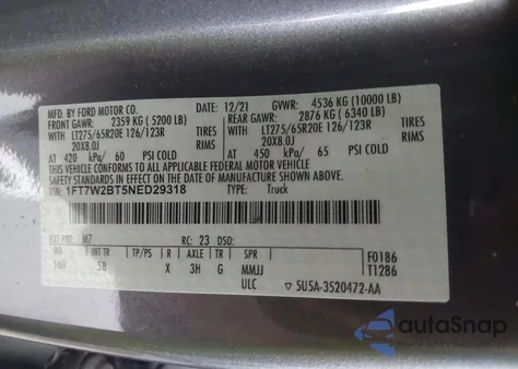 2022 Ford F-250 Lariat from USA, damaged, VIN 1FT7W2BT5NED29318